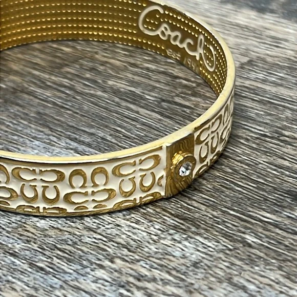 SOLD IN STORE Coach Women’s Signature Logo Ivory Enamel Gold Tone Bangle - Picture 2 of 5